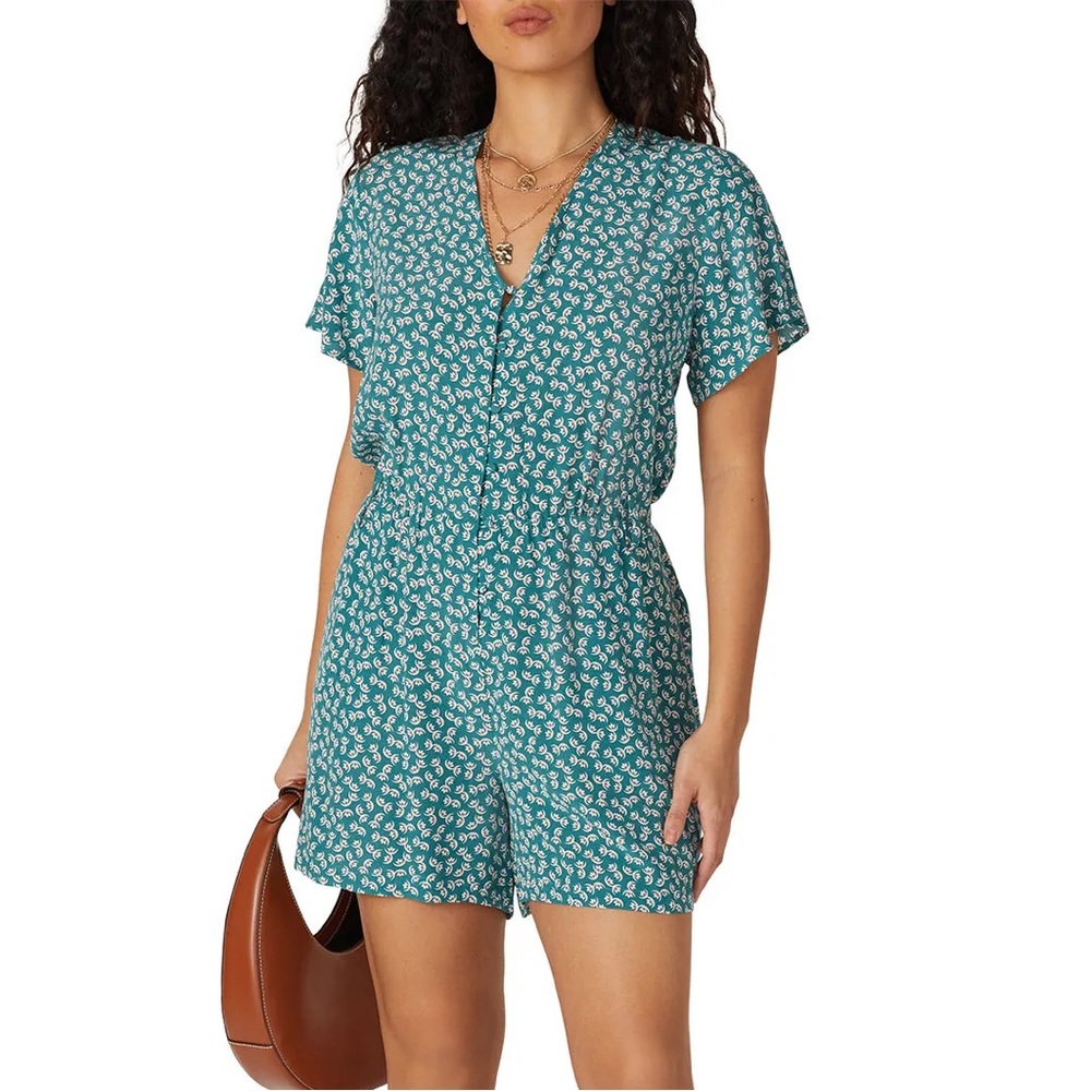 Rails Sz XS Green Teal Floral Print Sophia Flutter Sleeve V-Neck Romper 1 pc